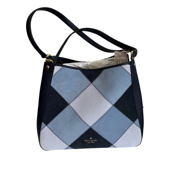 Kate Spade Leila Patchwork Suede Blue Medium Triple Compartment Shoulder Bag NWT - Picture 5 of 6